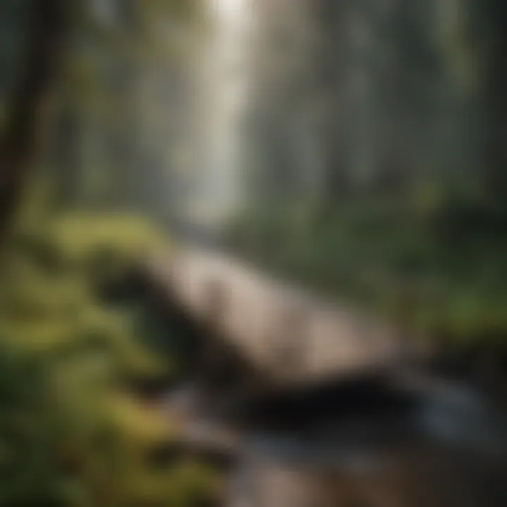 Rustic wooden bridge over tranquil forest stream