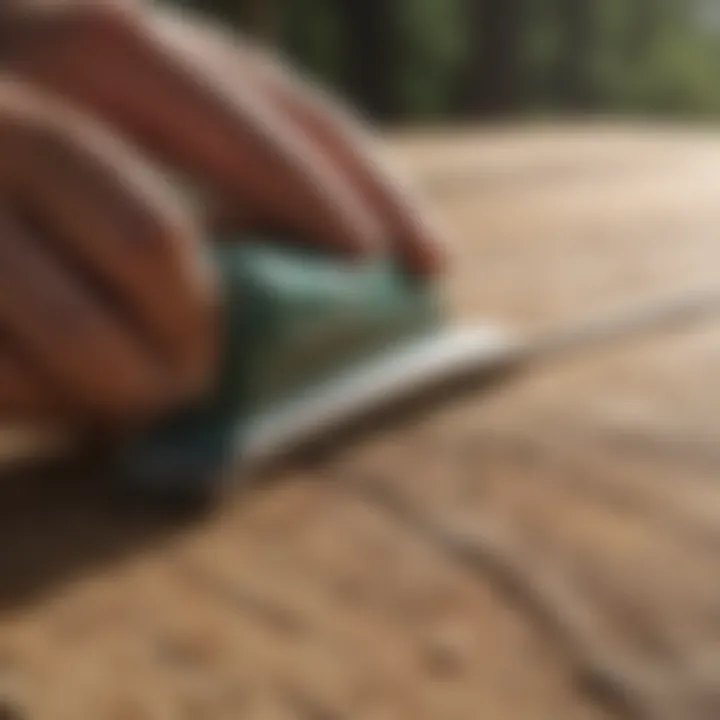 Close-up of sanding blade in action on wooden surface