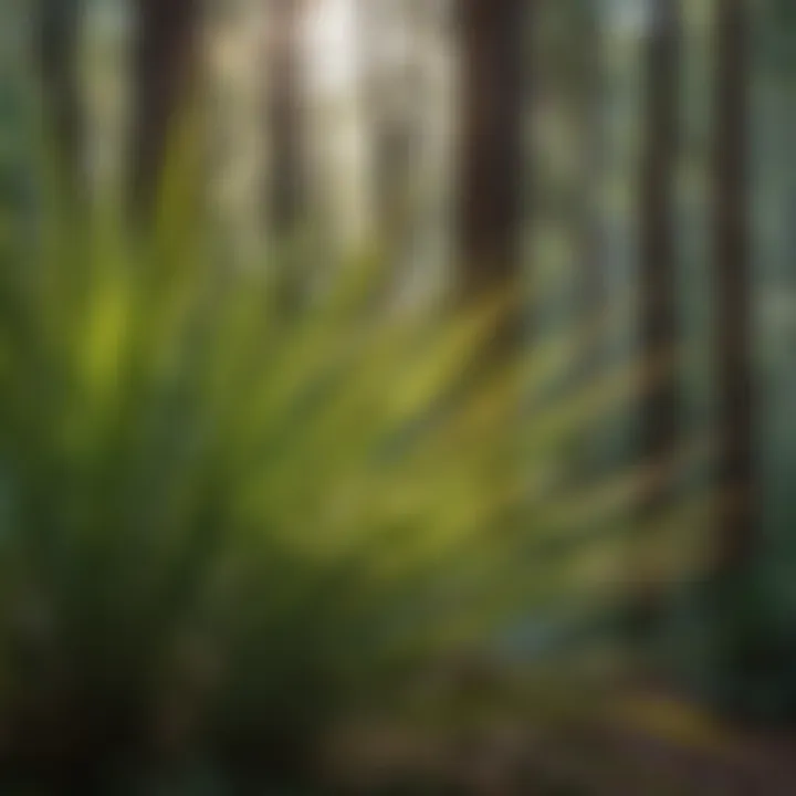 Close-up of saw palmetto grass leaves with sunlight filtering through
