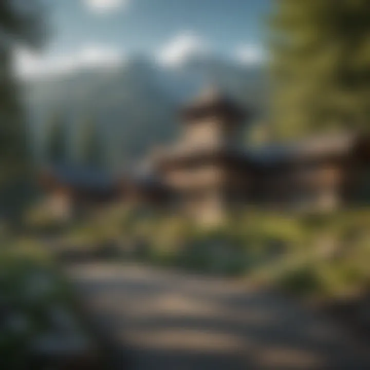 Historic architecture of Skamania Lodge against a backdrop of mountains