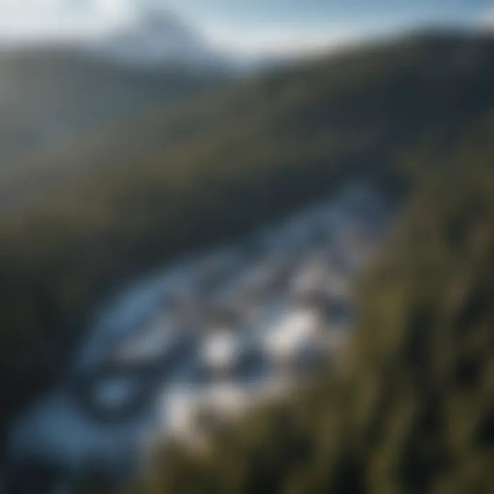 An aerial view showcasing the ski resort facilities nestled in the forested terrain.
