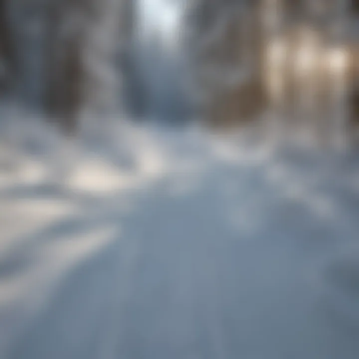A close-up shot of ski tracks left in fresh powder snow.