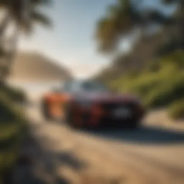 Beachside Drive Sleek rental car parked in front of a scenic beach