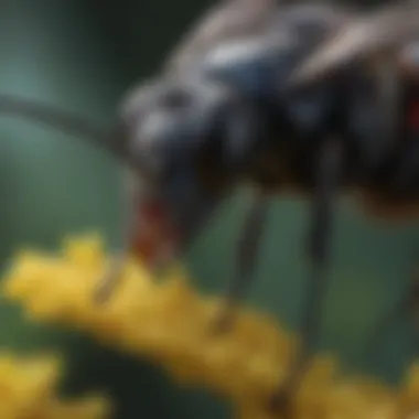 Macro shot of small black insect collecting nectar