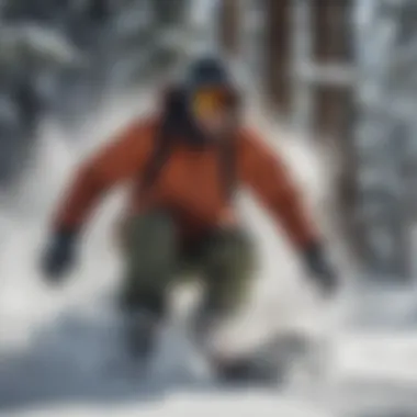 Snowboarder carving through fresh powder