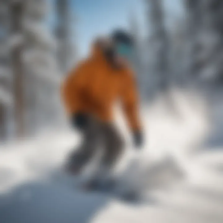 Snowboarder carving through powder on Keystone slopes