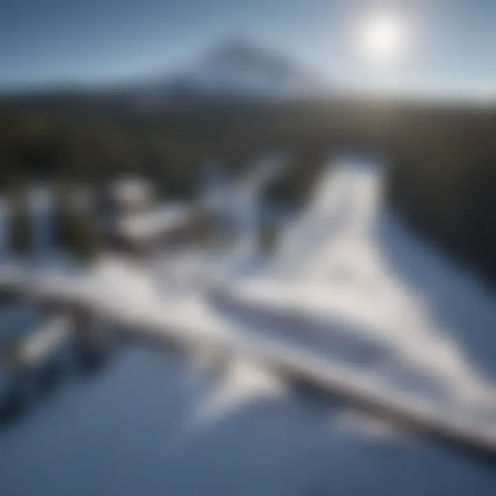 An aerial view of the snowboarding trails and facilities on Mt. Hood, illustrating the infrastructure supporting the sport.