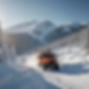 Snowcat vehicle with panoramic view of snow-covered mountains