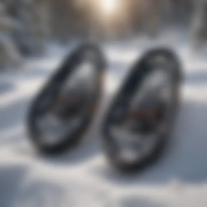 Close-up of snowshoes resting on a snowy surface