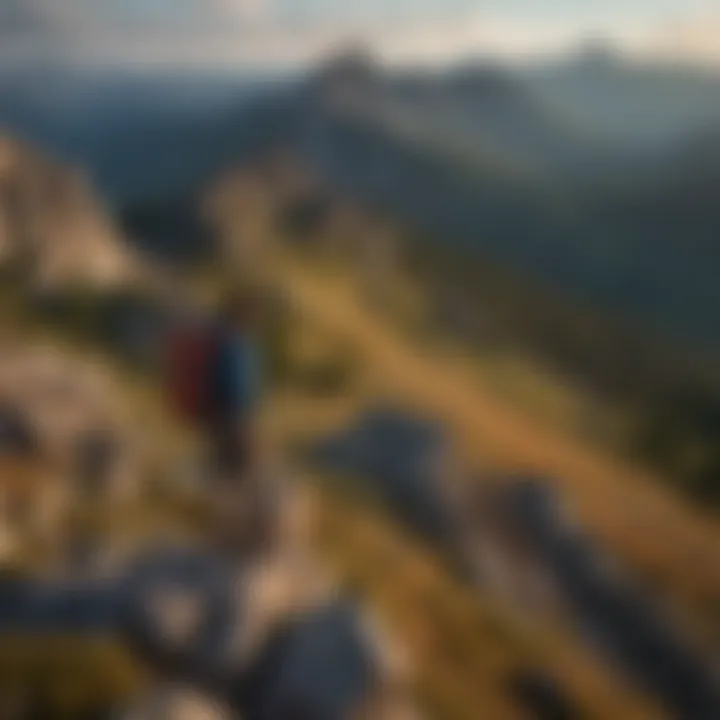 Solo backpacker standing on a rocky ridge overlooking a vast expanse