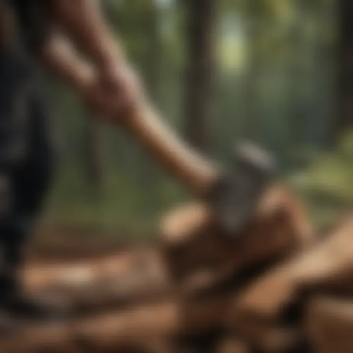 A person using a traditional axe to split a large log into smaller firewood pieces