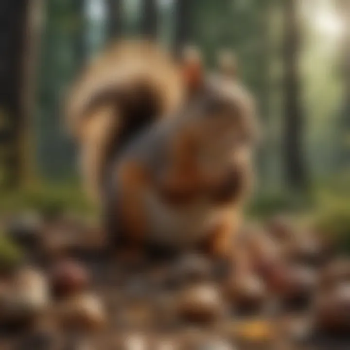 Squirrel gathering acorns in the forest