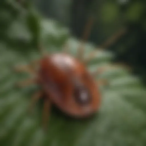 Close-up of a tick on a leaf, showcasing its distinctive features