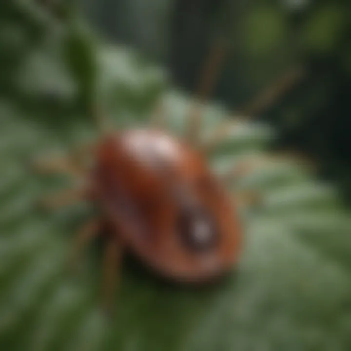 Close-up of a tick on a leaf, showcasing its distinctive features
