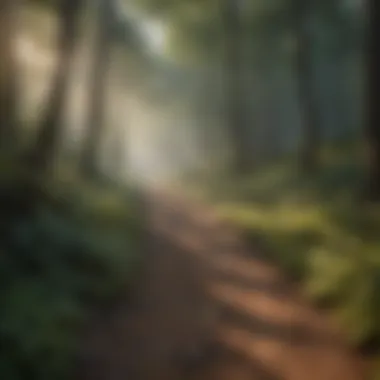 Navigating Tick Habitats A dense forest path with sunlight filtering through, highlighting tick habitats