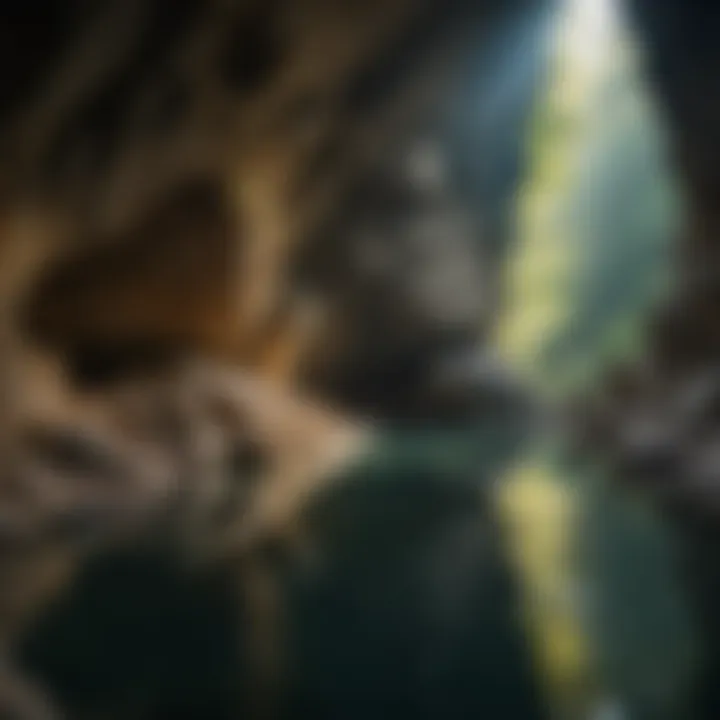 Crystal clear cave pool reflecting rock formations