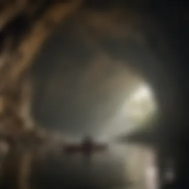 Kayak silhouette against illuminated cave walls