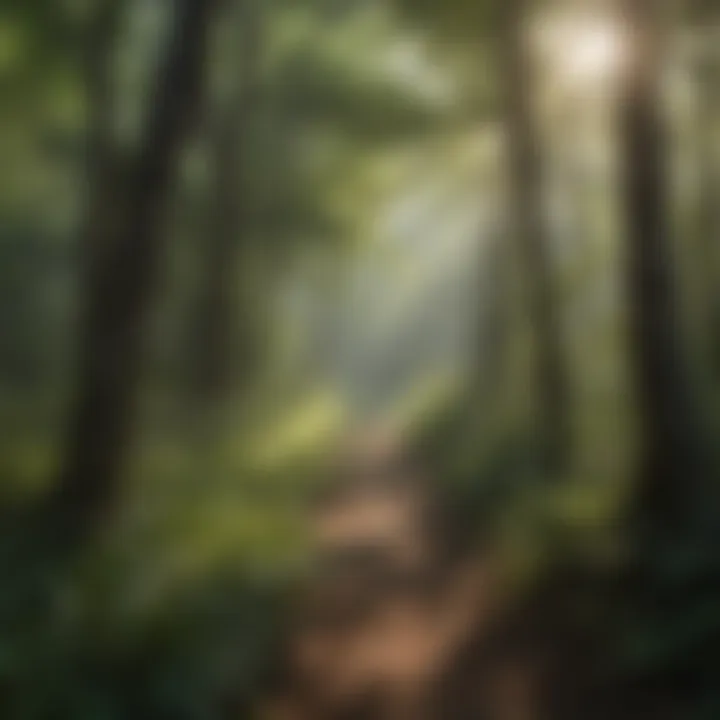Sunlight filtering through dense forest canopy on Southwest Missouri hiking trail