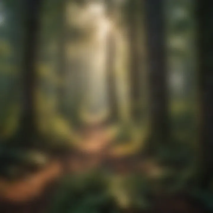 Sunlight filtering through dense forest foliage