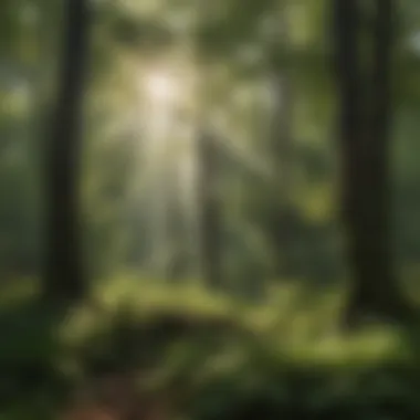 Sunlight filtering through lush green canopy in American forest