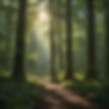Nature's Canopy: A Glimpse of Serenity Sunlight filtering through lush green foliage in a pristine forest setting