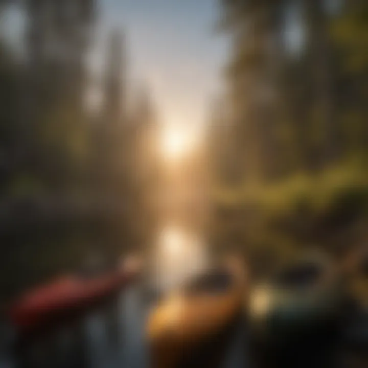 Sunset casting a warm glow over a group of kayaks near the coast