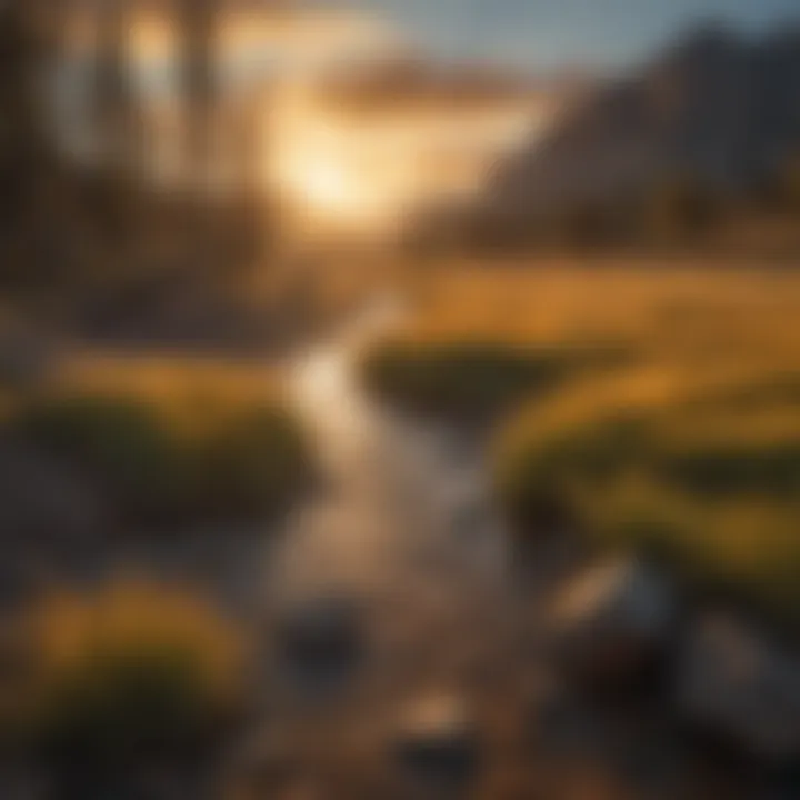 Sunset casting a golden hue over the rugged landscape