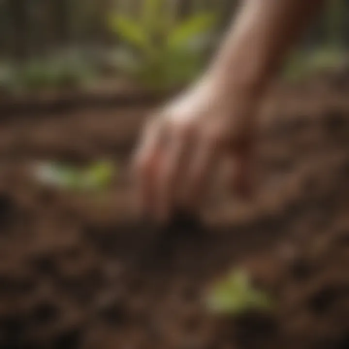 Close-up of a hand planting a young tree sapling in fertile soil