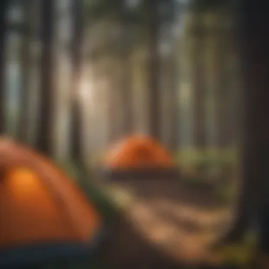 Tent nestled among tall pine trees