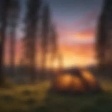 Tent Silhouetted against Vibrant Sunset in Meadow Campsite