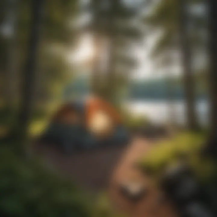 Tent pitched on tranquil lakeside at Lake Superior