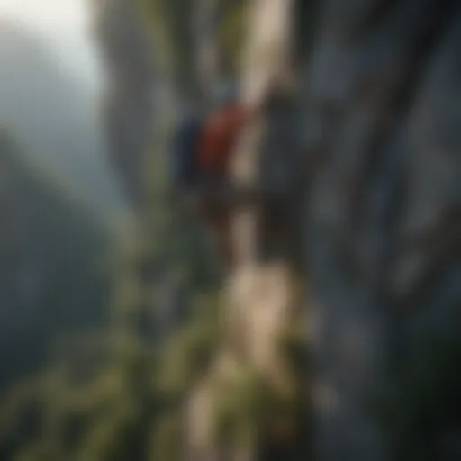 A climber scaling a rugged mountain face
