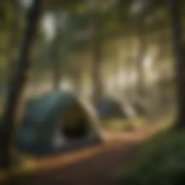 Diverse types of outdoor tents displayed in a lush green setting