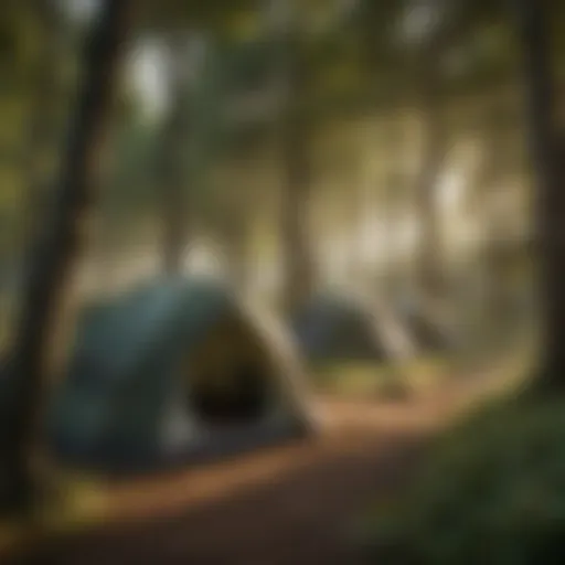 Diverse types of outdoor tents displayed in a lush green setting
