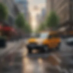 A bustling city street showcasing various cab hire services in action.