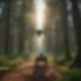 A drone surveying a lush forest landscape