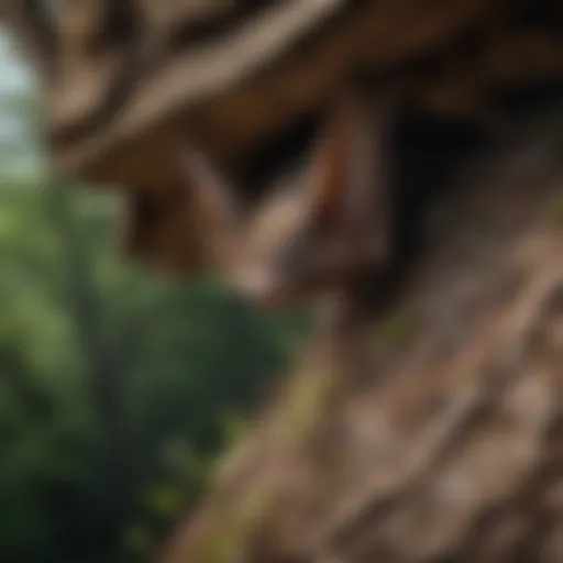 A close-up view of a bat emerging from its roost at dusk, showcasing its role in the ecosystem.