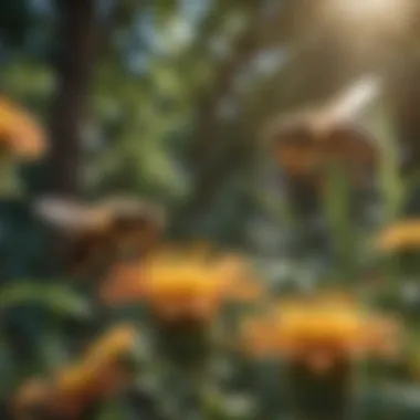 Bees pollinating flowers in a lush garden