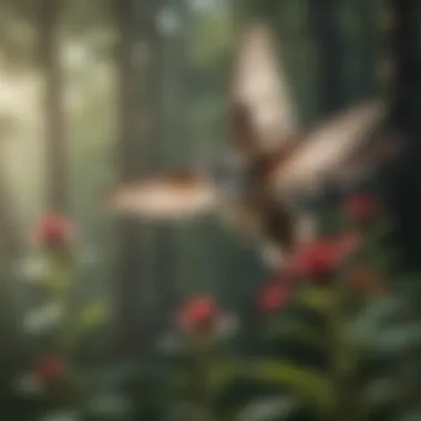 Graceful Flight of the Hummingbird Hawk Moth Hummingbird hawk moth with wings spread against a forest backdrop