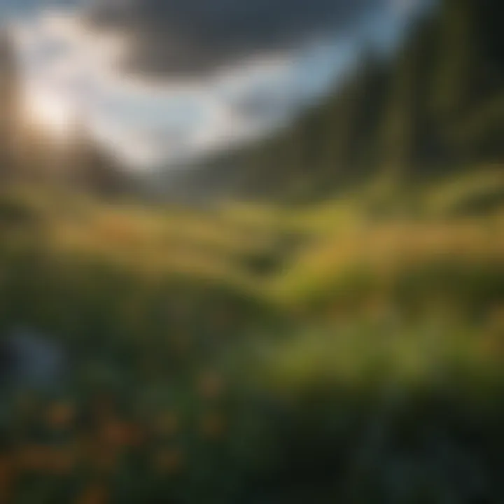 Lush green meadow with colorful wildflowers under a soft cloudy sky