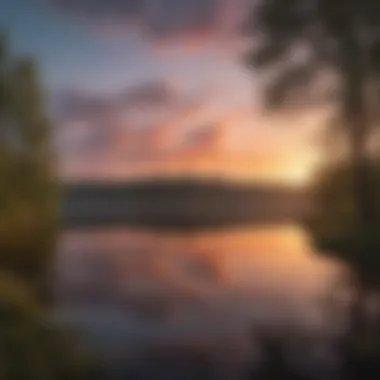 Vibrant sunset over a peaceful lake reflecting the sky