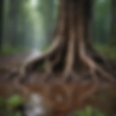 Nourishment from the Rain: Tree Roots A close-up of tree roots absorbing moisture during a rain shower.