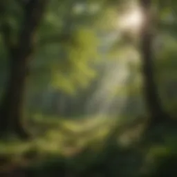 A vibrant forest canopy with sunlight filtering through leaves.