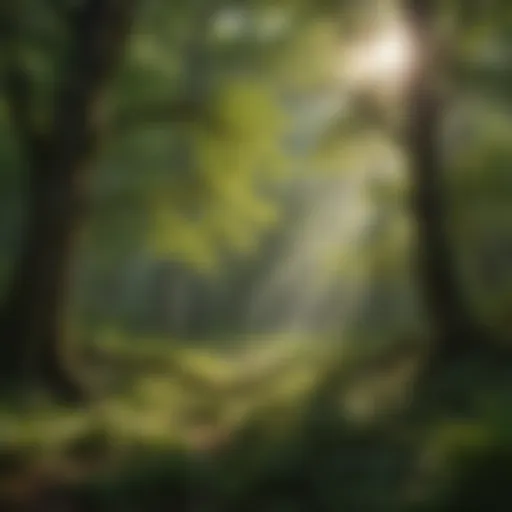 A vibrant forest canopy with sunlight filtering through leaves.
