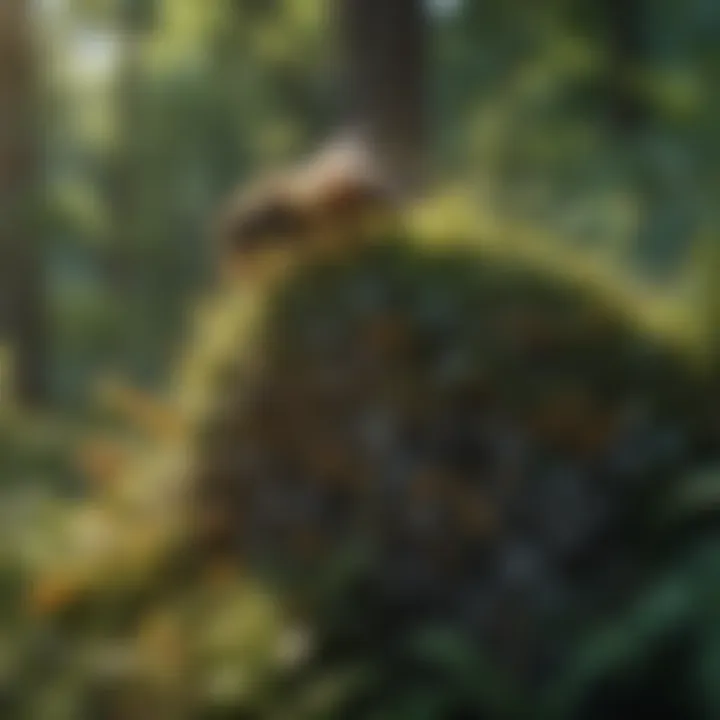 An aerial view of a lush ecosystem with diverse flora, highlighting a bee habitat