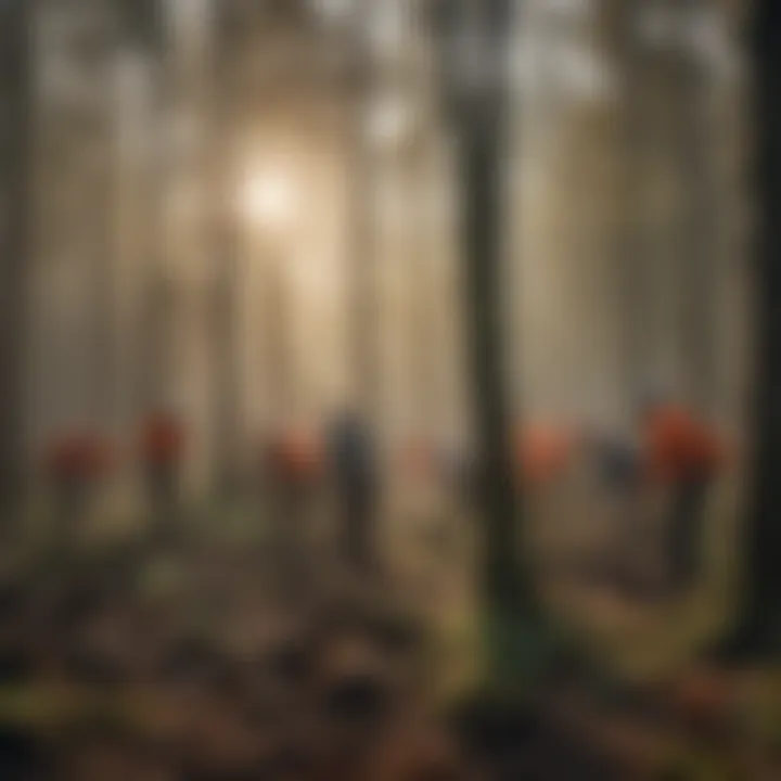 Group of volunteers planting trees in a forest area