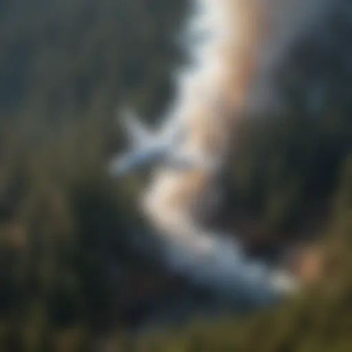 Aerial Water Release in Forest Fire Management Firefighting airplane releasing water over a forest