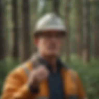 Forestry professional using a conductor whistle in the field