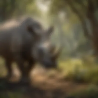 An endangered rhinoceros grazing peacefully, highlighting conservation efforts.