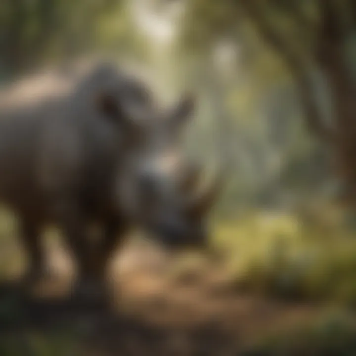 An endangered rhinoceros grazing peacefully, highlighting conservation efforts.